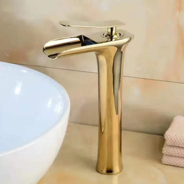 Waterfall Bathroom Sink Mixer Faucet Tall, Mono Wash Basin Single Handle Basin Taps Washroom with Hot and Cold Hose Monobloc Vessel Water Brass Tap Deck Mounted Grey Black Golden