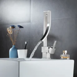 Waterfall Bathroom Sink Mixer Faucet, 360 Rotating Basin Vessel Tap Single Handle Irregular Creative Design Brushed Nickel/Chrome/Matte Black/Golden Sink Tap with Hot and Cold Water Hose