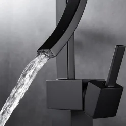 Waterfall Bathroom Sink Mixer Faucet, 360 Rotating Basin Vessel Tap Single Handle Irregular Creative Design Brushed Nickel/Chrome/Matte Black/Golden Sink Tap with Hot and Cold Water Hose