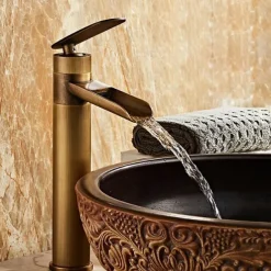 Waterfall Bathroom Sink Mixer Faucet Tall, Antique Brass Single Handle Basin Taps with Cold and Hot Hose