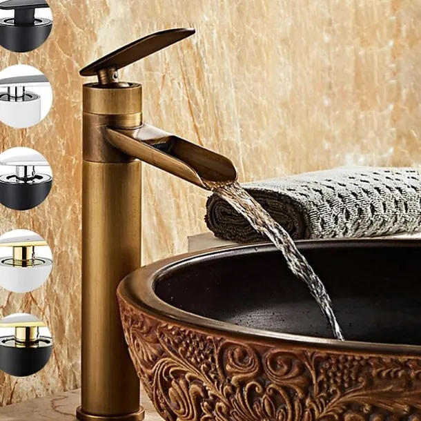 Waterfall Bathroom Sink Mixer Faucet Tall, Antique Brass Single Handle Basin Taps with Cold and Hot Hose