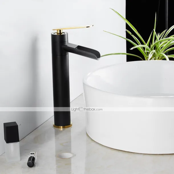 Waterfall Bathroom Sink Mixer Faucet Tall, Antique Brass Single Handle Basin Taps with Cold and Hot Hose