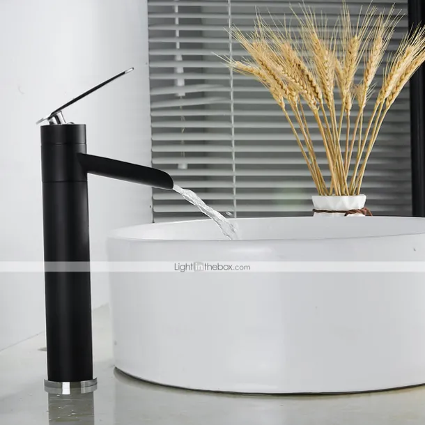 Waterfall Bathroom Sink Mixer Faucet Tall, Antique Brass Single Handle Basin Taps with Cold and Hot Hose