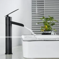 Waterfall Bathroom Sink Mixer Faucet Tall, Antique Brass Single Handle Basin Taps with Cold and Hot Hose