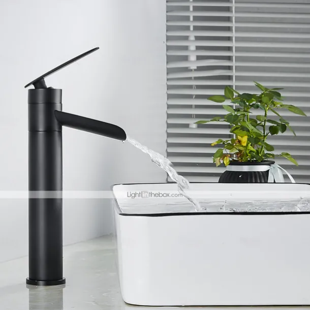 Waterfall Bathroom Sink Mixer Faucet Tall, Antique Brass Single Handle Basin Taps with Cold and Hot Hose