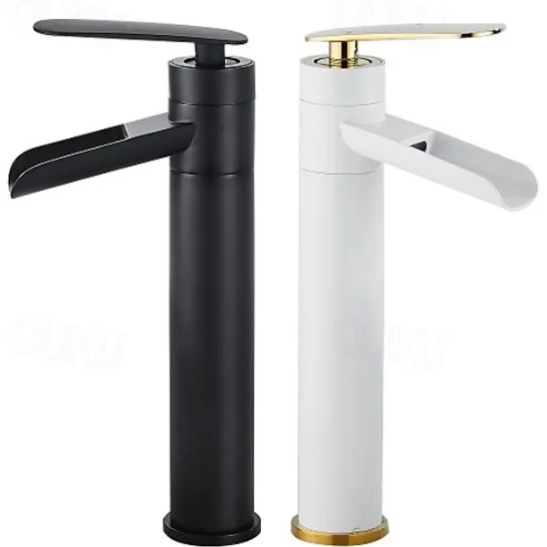 Waterfall Bathroom Sink Mixer Faucet Tall, Antique Brass Single Handle Basin Taps with Cold and Hot Hose
