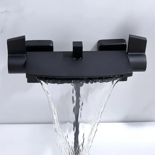 Waterfall Bathtub Faucet Wall Mounted, Widespread Bathroom Shower Mixer Faucet Bath Roman Tub Filler Mixer Tap Brass, 3 Hole Sprayer with Cold Hot Water Hose