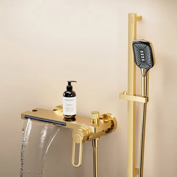 Waterfall Bathtub Faucet, Minimalist Style Bathroom High Pressure High Flow Bath Shower Mixer Taps, Height Adjustable Handheld Shower Faucet Included, Ceramic Valve Insides