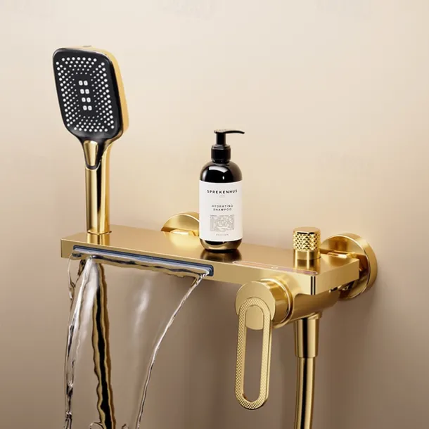 Waterfall Bathtub Faucet, Minimalist Style Bathroom High Pressure High Flow Bath Shower Mixer Taps, Height Adjustable Handheld Shower Faucet Included, Ceramic Valve Insides