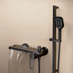 Waterfall Bathtub Faucet, Minimalist Style Bathroom High Pressure High Flow Bath Shower Mixer Taps, Height Adjustable Handheld Shower Faucet Included, Ceramic Valve Insides