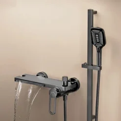 Waterfall Bathtub Faucet, Minimalist Style Bathroom High Pressure High Flow Bath Shower Mixer Taps, Height Adjustable Handheld Shower Faucet Included, Ceramic Valve Insides