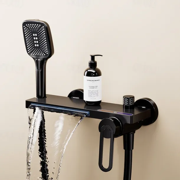 Waterfall Bathtub Faucet, Minimalist Style Bathroom High Pressure High Flow Bath Shower Mixer Taps, Height Adjustable Handheld Shower Faucet Included, Ceramic Valve Insides