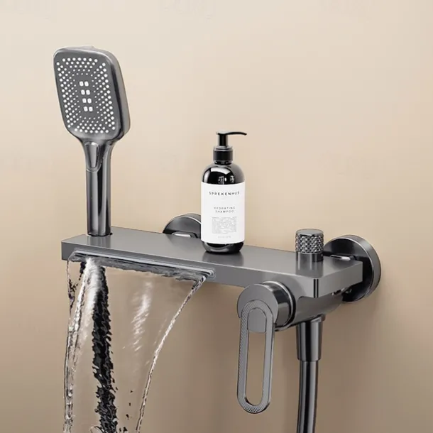 Waterfall Bathtub Faucet, Minimalist Style Bathroom High Pressure High Flow Bath Shower Mixer Taps, Height Adjustable Handheld Shower Faucet Included, Ceramic Valve Insides