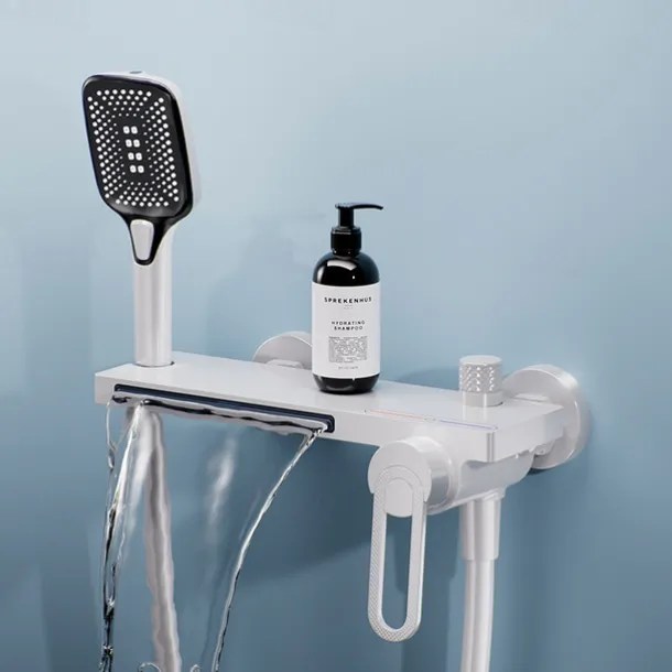 Waterfall Bathtub Faucet, Minimalist Style Bathroom High Pressure High Flow Bath Shower Mixer Taps, Height Adjustable Handheld Shower Faucet Included, Ceramic Valve Insides