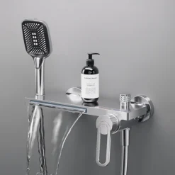 Waterfall Bathtub Faucet, Minimalist Style Bathroom High Pressure High Flow Bath Shower Mixer Taps, Height Adjustable Handheld Shower Faucet Included, Ceramic Valve Insides