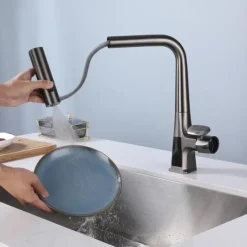 Waterfall Kitchen Faucet, 2023 Latest Centerset Faucet for Kitchen Sink, 3 in 1 Multi-functional Single Handle One Hole Pull out Cylinder Spout Kitchen Taps, Ceramic Valve Insides