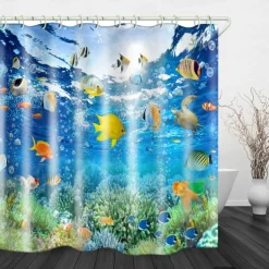 Waterproof Fabric Shower Curtain with Hooks 180cm*180cm(70"*70")Beach Fish Print for Bathroom Home Decor Covered Bathtub Curtains Liner