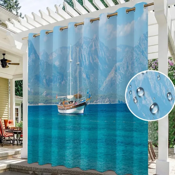 Waterproof Outdoor Curtain Privacy, Sliding Patio Curtain Drapes, Pergola Curtains Grommet 3D Ocean Boat Landscape For Gazebo, Balcony, Porch, Party, 1 Panel