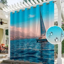 Waterproof Outdoor Curtain Privacy, Sliding Patio Curtain Drapes, Pergola Curtains Grommet 3D Ocean Boat Landscape For Gazebo, Balcony, Porch, Party, 1 Panel