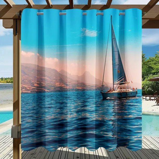 Waterproof Outdoor Curtain Privacy, Sliding Patio Curtain Drapes, Pergola Curtains Grommet 3D Ocean Boat Landscape For Gazebo, Balcony, Porch, Party, 1 Panel