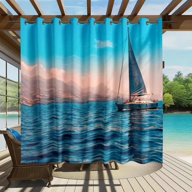 Waterproof Outdoor Curtain Privacy, Sliding Patio Curtain Drapes, Pergola Curtains Grommet 3D Ocean Boat Landscape For Gazebo, Balcony, Porch, Party, 1 Panel
