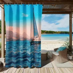 Waterproof Outdoor Curtain Privacy, Sliding Patio Curtain Drapes, Pergola Curtains Grommet 3D Ocean Boat Landscape For Gazebo, Balcony, Porch, Party, 1 Panel