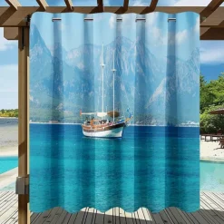 Waterproof Outdoor Curtain Privacy, Sliding Patio Curtain Drapes, Pergola Curtains Grommet 3D Ocean Boat Landscape For Gazebo, Balcony, Porch, Party, 1 Panel