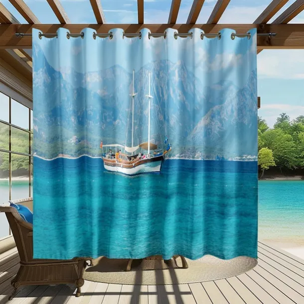 Waterproof Outdoor Curtain Privacy, Sliding Patio Curtain Drapes, Pergola Curtains Grommet 3D Ocean Boat Landscape For Gazebo, Balcony, Porch, Party, 1 Panel