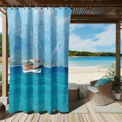 Waterproof Outdoor Curtain Privacy, Sliding Patio Curtain Drapes, Pergola Curtains Grommet 3D Ocean Boat Landscape For Gazebo, Balcony, Porch, Party, 1 Panel