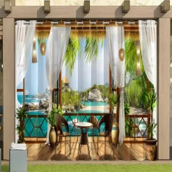 Waterproof Outdoor Curtain Privacy, Sliding Patio Curtain Drapes, Pergola Curtains Grommet 3D Beach Landscape For Gazebo, Balcony, Porch, Party, 1 Panel