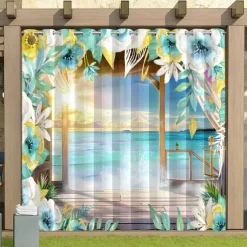 Waterproof Outdoor Curtain Privacy, Sliding Patio Curtain Drapes, Pergola Curtains Grommet 3D Beach Landscape For Gazebo, Balcony, Porch, Party, 1 Panel