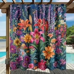 Waterproof Outdoor Curtain Privacy, Sliding Patio Curtain Drapes, Pergola Curtains Grommet 3D Summer Floral Landscape For Gazebo, Balcony, Porch, Party, 1 Panel