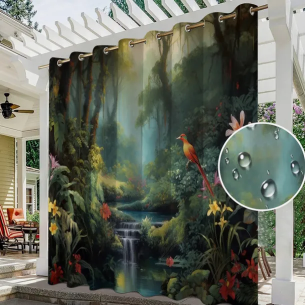 Waterproof Outdoor Curtain Privacy, Outdoor Shades, Sliding Patio Curtain Drapes, Pergola Curtains Grommet 3D Forest Landscape For Gazebo, Balcony, Porch, Party