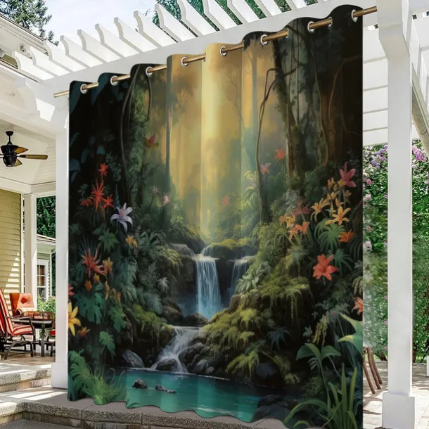 Waterproof Outdoor Curtain Privacy, Outdoor Shades, Sliding Patio Curtain Drapes, Pergola Curtains Grommet 3D Forest Landscape For Gazebo, Balcony, Porch, Party