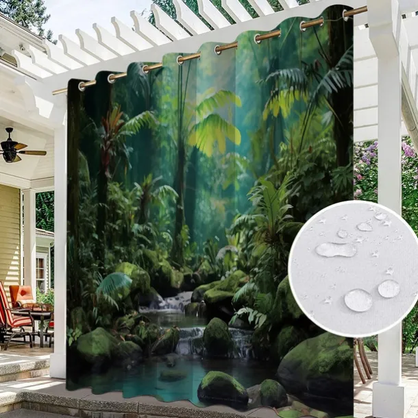 Waterproof Outdoor Curtain Privacy, Outdoor Shades, Sliding Patio Curtain Drapes, Pergola Curtains Grommet 3D Forest Landscape For Gazebo, Balcony, Porch, Party