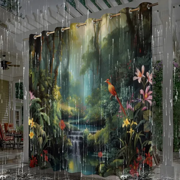 Waterproof Outdoor Curtain Privacy, Outdoor Shades, Sliding Patio Curtain Drapes, Pergola Curtains Grommet 3D Forest Landscape For Gazebo, Balcony, Porch, Party
