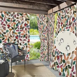Waterproof Outdoor Curtain Privacy, Sliding Patio Curtain Drapes, Pergola Curtains Grommet Colorful Leaves For Gazebo, Balcony, Porch, Party, 1 Panel