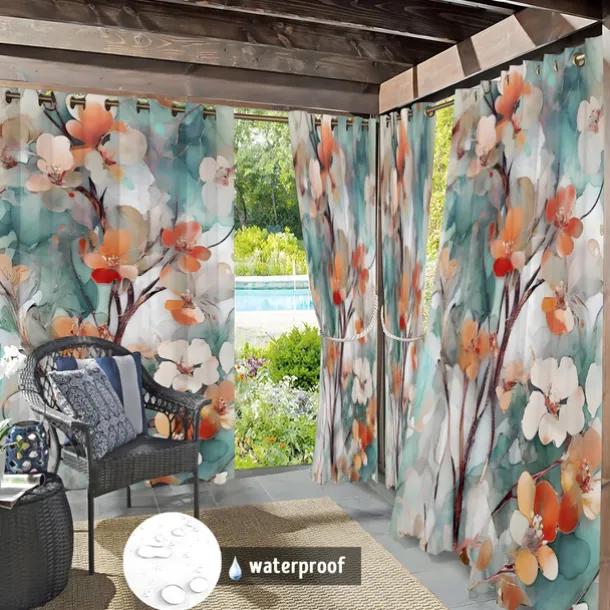 Waterproof Outdoor Curtain Privacy, Sliding Patio Curtain Drapes, Pergola Curtains Grommet Colorful Leaves For Gazebo, Balcony, Porch, Party, 1 Panel