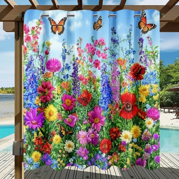 Waterproof Outdoor Curtain Privacy, Sliding Patio Curtain Drapes, Pergola Curtains Grommet 3D Summer Floral Landscape For Gazebo, Balcony, Porch, Party, 1 Panel
