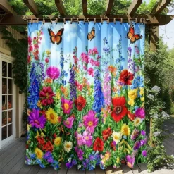 Waterproof Outdoor Curtain Privacy, Sliding Patio Curtain Drapes, Pergola Curtains Grommet 3D Summer Floral Landscape For Gazebo, Balcony, Porch, Party, 1 Panel