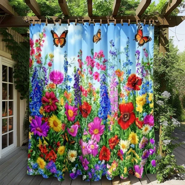 Waterproof Outdoor Curtain Privacy, Sliding Patio Curtain Drapes, Pergola Curtains Grommet 3D Summer Floral Landscape For Gazebo, Balcony, Porch, Party, 1 Panel