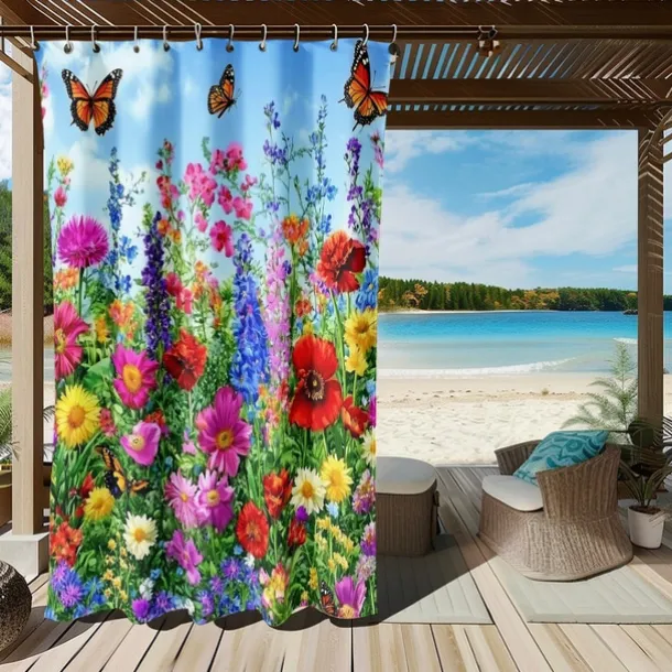 Waterproof Outdoor Curtain Privacy, Sliding Patio Curtain Drapes, Pergola Curtains Grommet 3D Summer Floral Landscape For Gazebo, Balcony, Porch, Party, 1 Panel