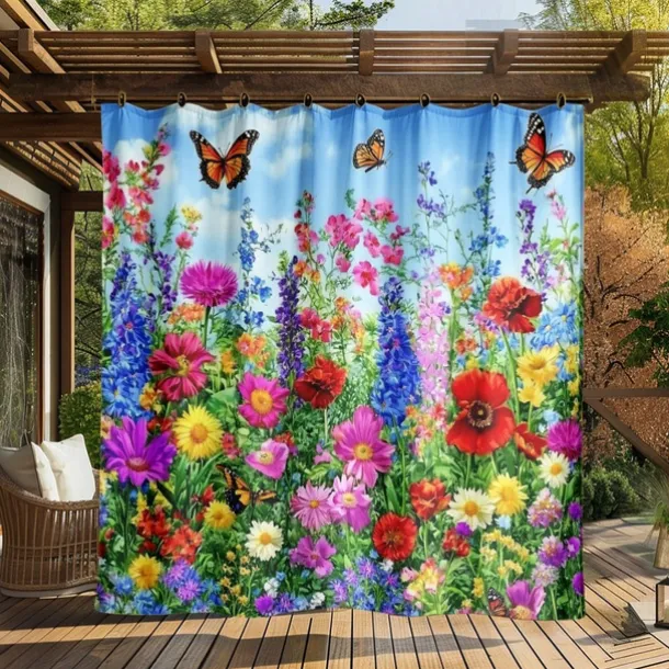 Waterproof Outdoor Curtain Privacy, Sliding Patio Curtain Drapes, Pergola Curtains Grommet 3D Summer Floral Landscape For Gazebo, Balcony, Porch, Party, 1 Panel
