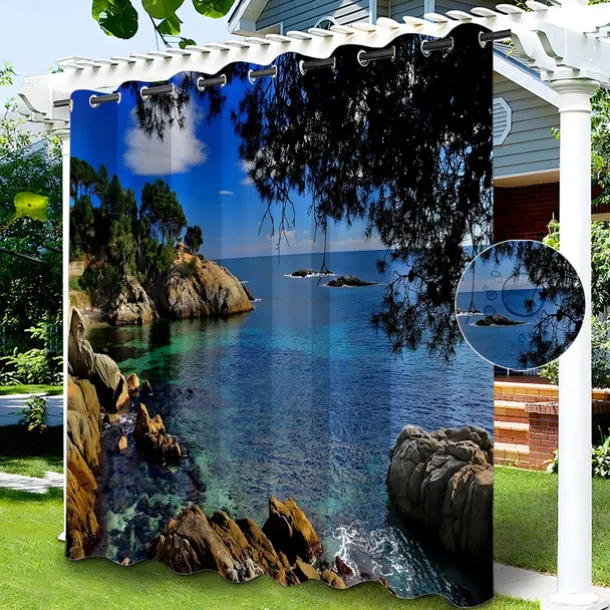 Waterproof Outdoor Curtain Privacy, Sliding Patio Curtain Drapes, Pergola Curtains Grommet 3D Tree Forest Landscape For Gazebo, Balcony, Porch, Party, 1 Panel