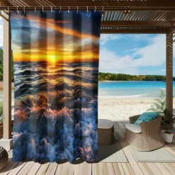 Waterproof Outdoor Curtain Privacy, Sliding Patio Curtain Drapes, Pergola Curtains Grommet 3D Ocean Beach Landscape For Gazebo, Balcony, Porch, Party, 1 Panel