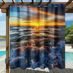 Waterproof Outdoor Curtain Privacy, Sliding Patio Curtain Drapes, Pergola Curtains Grommet 3D Ocean Beach Landscape For Gazebo, Balcony, Porch, Party, 1 Panel
