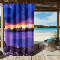 Waterproof Outdoor Curtain Privacy, Sliding Patio Curtain Drapes, Pergola Curtains Grommet 3D Ocean Light Tower Landscape For Gazebo, Balcony, Porch, Party, 1 Panel