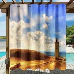 Waterproof Outdoor Curtain Privacy, Sliding Patio Curtain Drapes, Pergola Curtains Grommet 3D Ocean Light Tower Landscape For Gazebo, Balcony, Porch, Party, 1 Panel