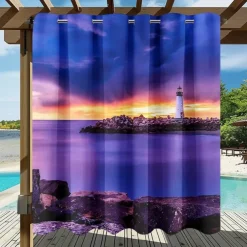 Waterproof Outdoor Curtain Privacy, Sliding Patio Curtain Drapes, Pergola Curtains Grommet 3D Ocean Light Tower Landscape For Gazebo, Balcony, Porch, Party, 1 Panel