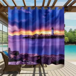 Waterproof Outdoor Curtain Privacy, Sliding Patio Curtain Drapes, Pergola Curtains Grommet 3D Ocean Light Tower Landscape For Gazebo, Balcony, Porch, Party, 1 Panel